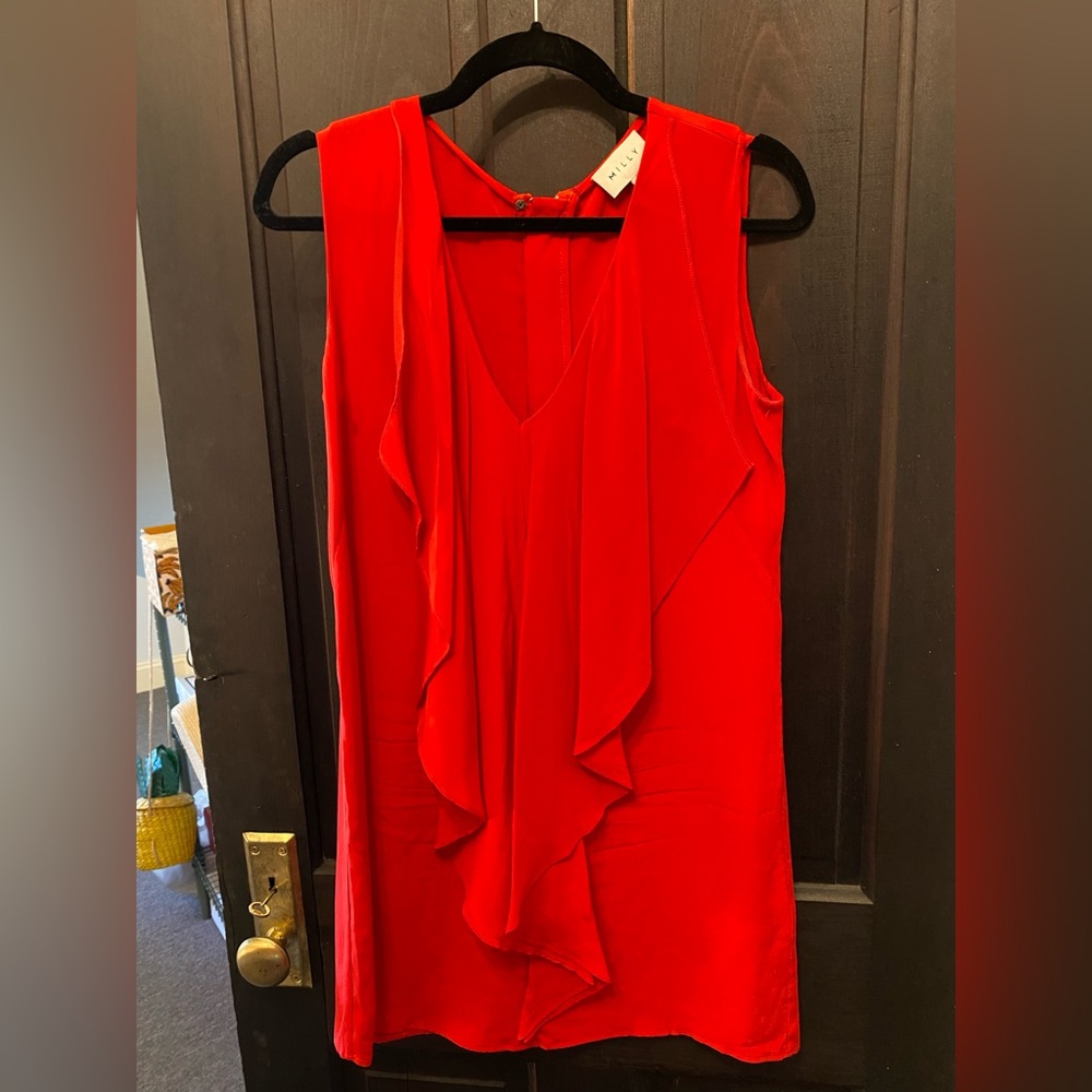 Milly Red Sleeveless Ruffled V-Neck Mini Dress Sz4